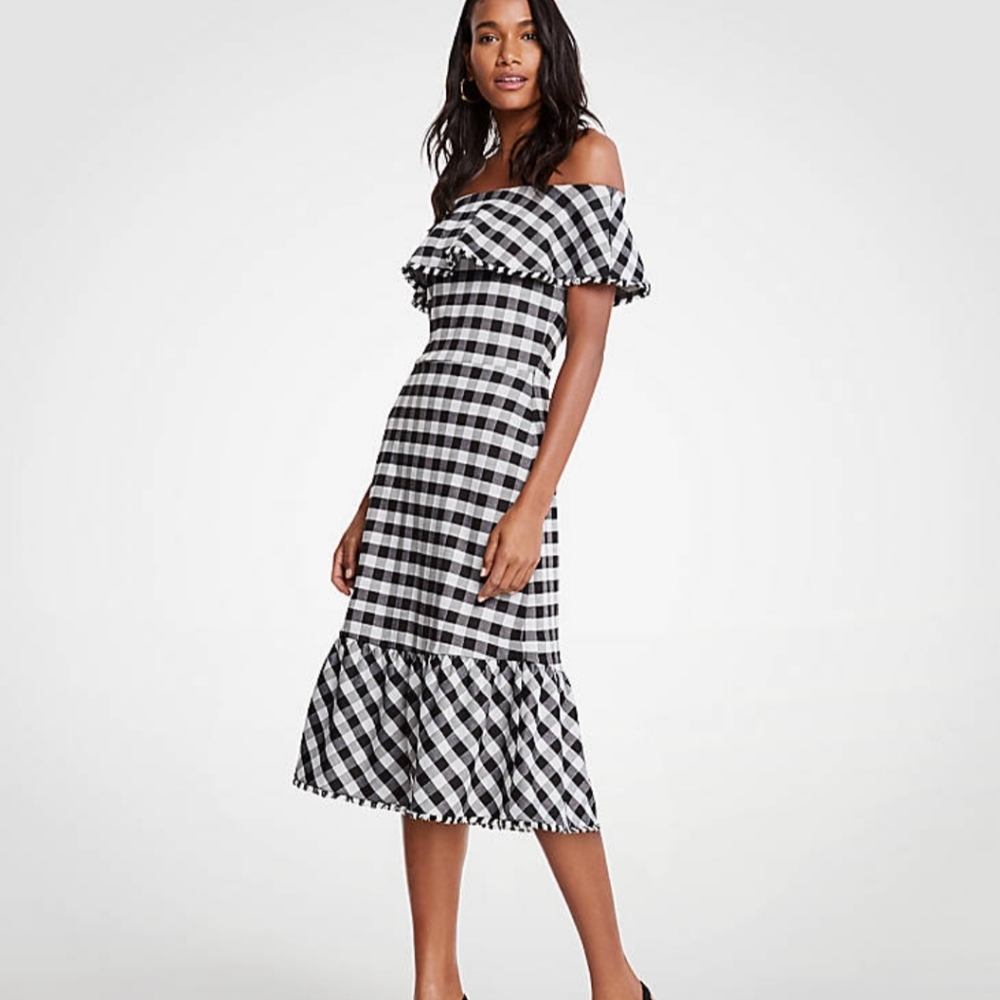 Gingham Off The Shoulder Midi Dress size 4 NWOT